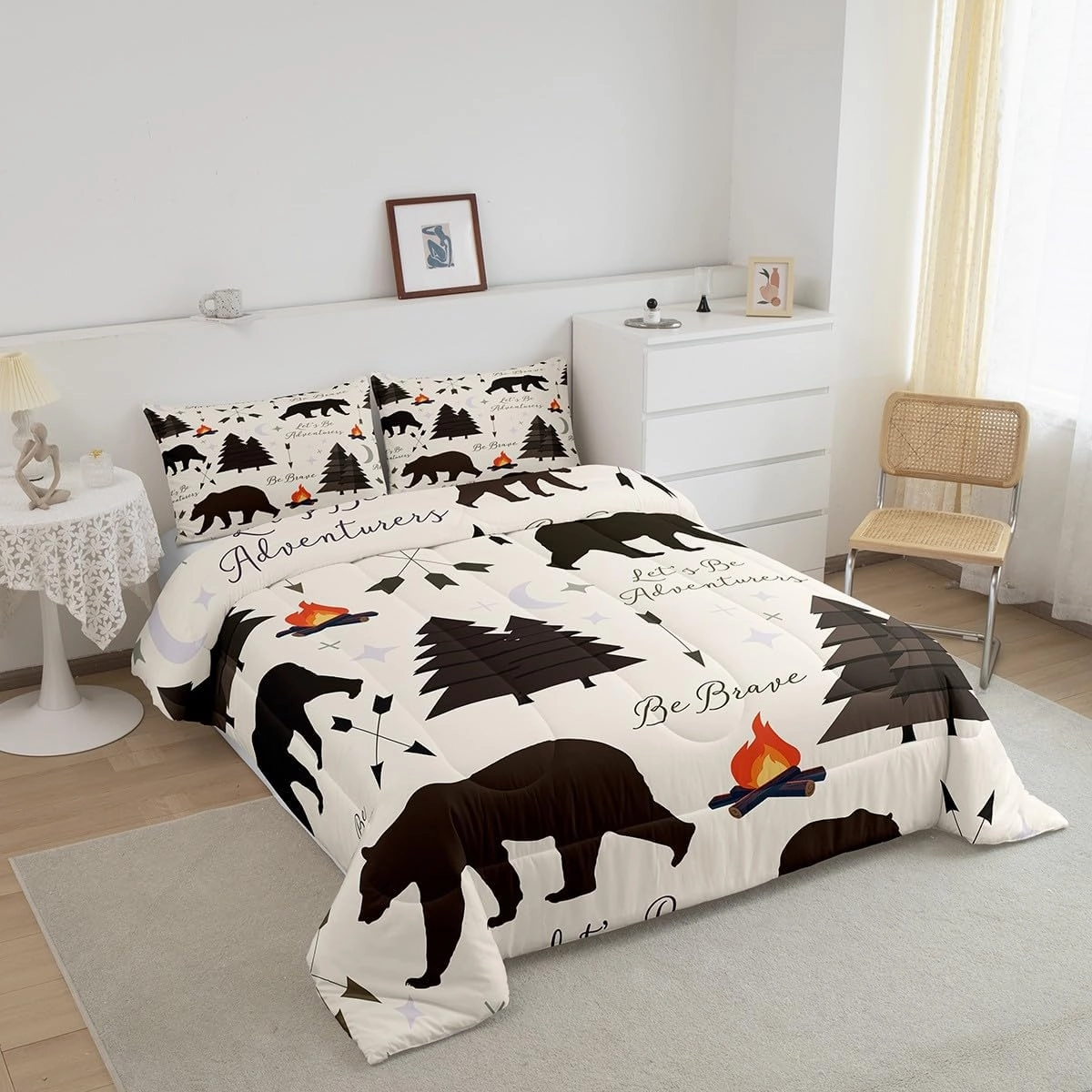 Homewish Happy Camping Comforter Set Twin Size,Hunt Bear Pine Trees Bedding Set for Kids Boys Girls Cabin Room Decor,Cartoon Campfire Arrow Stars Moon Quilt Set Adventure Duvet Insert Brown 2Pcs