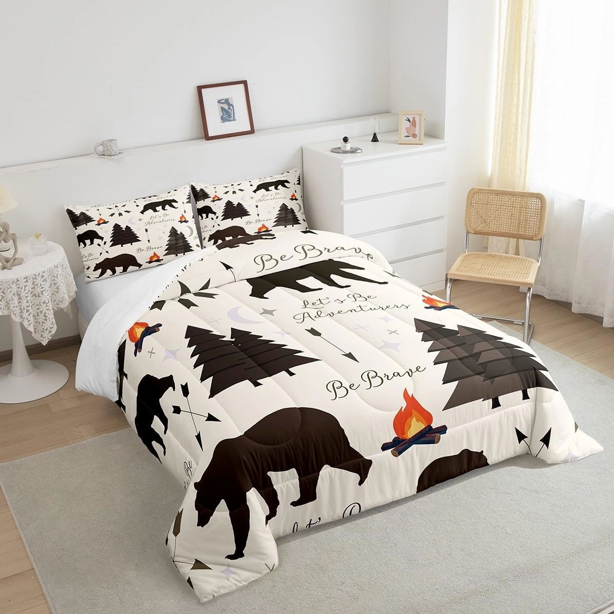 Homewish Happy Camping Comforter Set Twin Size,Hunt Bear Pine Trees Bedding Set for Kids Boys Girls Cabin Room Decor,Cartoon Campfire Arrow Stars Moon Quilt Set Adventure Duvet Insert Brown 2Pcs