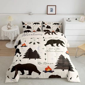 Homewish Happy Camping Comforter Set Twin Size,Hunt Bear Pine Trees Bedding Set for Kids Boys Girls Cabin Room Decor,Cartoon Campfire Arrow Stars Moon Quilt Set Adventure Duvet Insert Brown 2Pcs