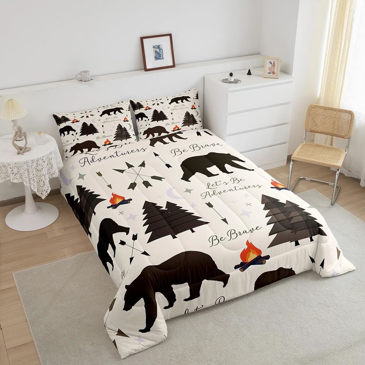 Homewish Happy Camping Comforter Set Twin Size,Hunt Bear Pine Trees Bedding Set for Kids Boys Girls Cabin Room Decor,Cartoon Campfire Arrow Stars Moon Quilt Set Adventure Duvet Insert Brown 2Pcs