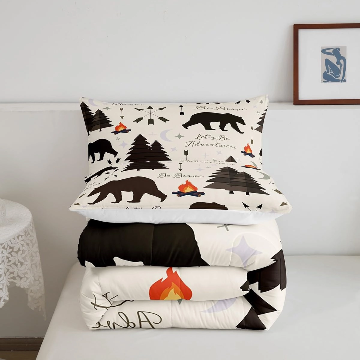 Homewish Happy Camping Comforter Set Twin Size,Hunt Bear Pine Trees Bedding Set for Kids Boys Girls Cabin Room Decor,Cartoon Campfire Arrow Stars Moon Quilt Set Adventure Duvet Insert Brown 2Pcs