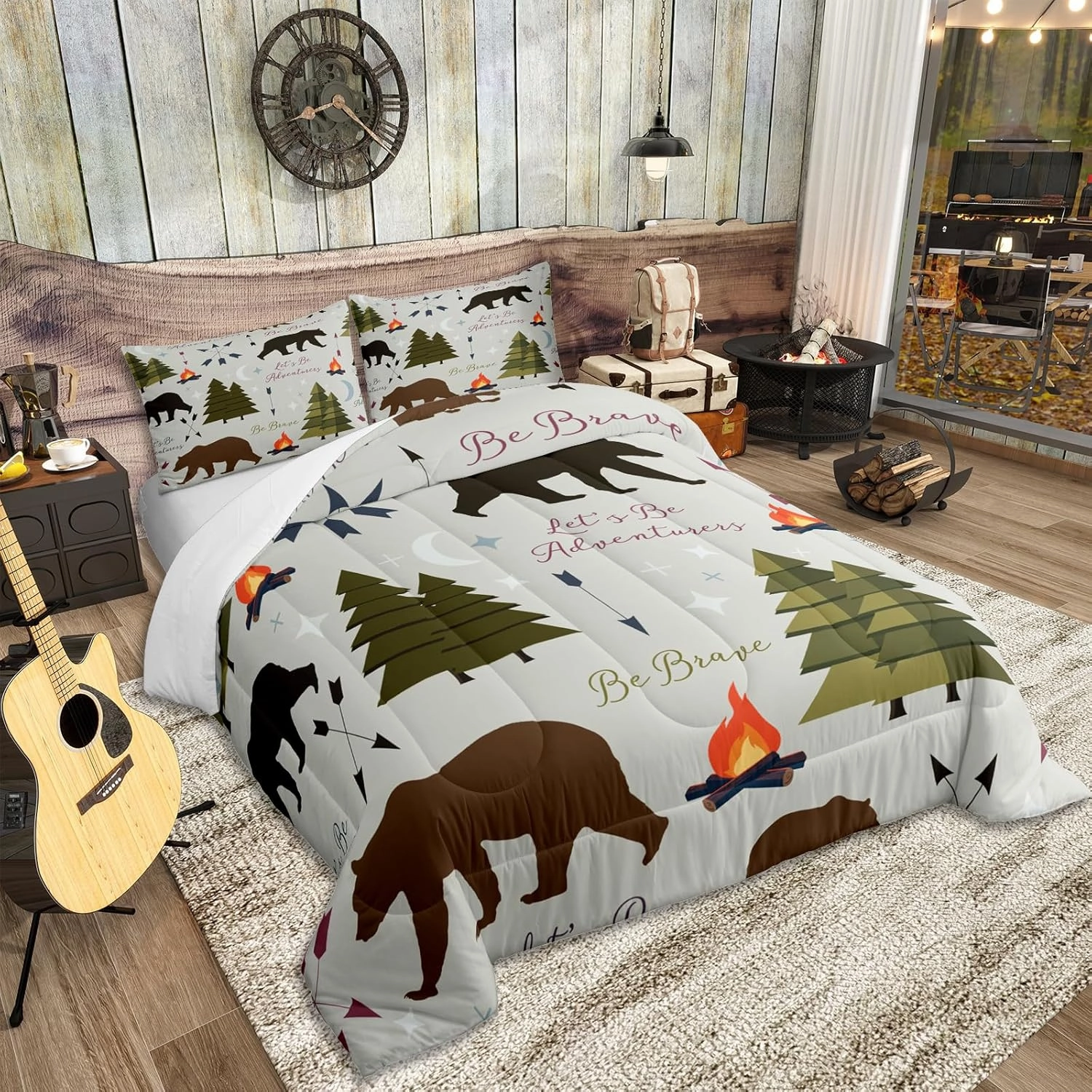 Homewish Happy Camping Comforter Set Twin Size Hunt Bear Pine Trees Bedding Set for Kids Boys Men Adults Cabin Room Decor Campfire Arrow Cartoon Quilt Set Wild Outdoor Adventure Duvet Insert 2pcs