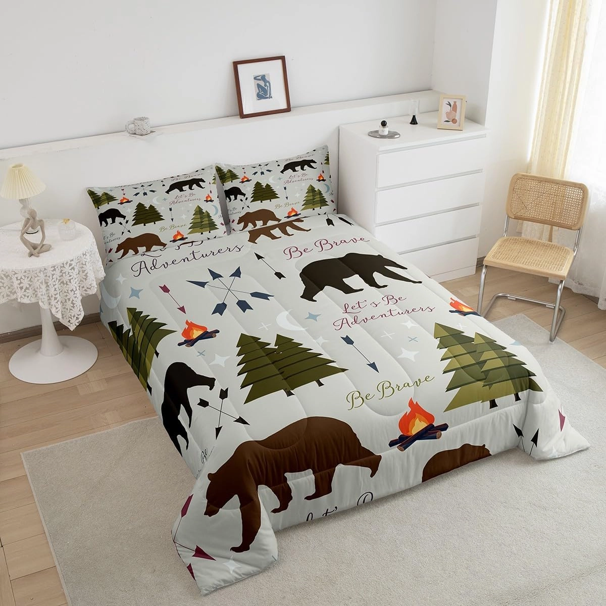 Homewish Happy Camping Comforter Set Twin Size Hunt Bear Pine Trees Bedding Set for Kids Boys Men Adults Cabin Room Decor Campfire Arrow Cartoon Quilt Set Wild Outdoor Adventure Duvet Insert 2pcs