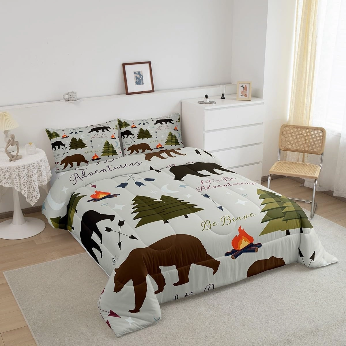 Homewish Happy Camping Comforter Set Twin Size Hunt Bear Pine Trees Bedding Set for Kids Boys Men Adults Cabin Room Decor Campfire Arrow Cartoon Quilt Set Wild Outdoor Adventure Duvet Insert 2pcs