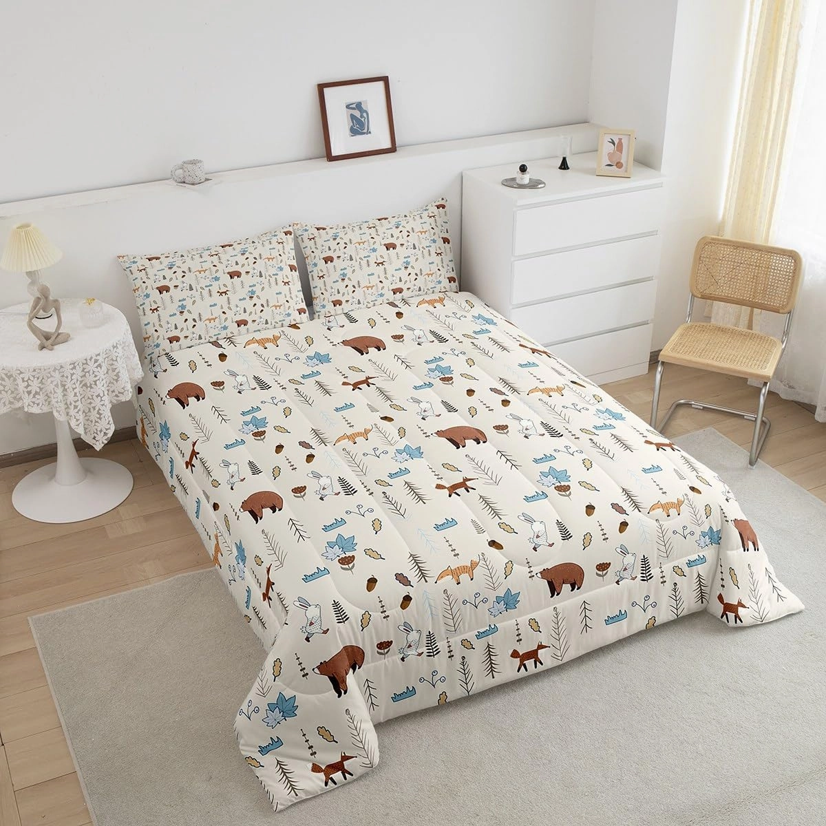 Homewish Kids Bear Fox Comforter Set Twin Size Cartoon Rabbit Pine Trees Bedding Set 2Pcs,Girls Boys Teens Jungle Adventure Hunt Animals Quilt Set Room Decor Rustic Beige Duvet Insert,1 Pillowcase