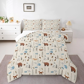 Homewish Kids Bear Fox Comforter Set Twin Size Cartoon Rabbit Pine Trees Bedding Set 2Pcs,Girls Boys Teens Jungle Adventure Hunt Animals Quilt Set Room Decor Rustic Beige Duvet Insert,1 Pillowcase