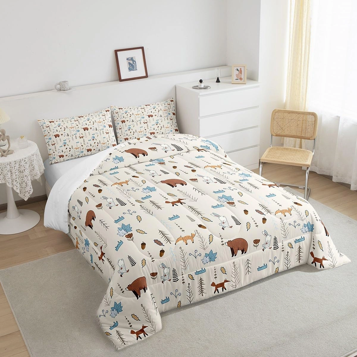 Homewish Kids Bear Fox Comforter Set Twin Size Cartoon Rabbit Pine Trees Bedding Set 2Pcs,Girls Boys Teens Jungle Adventure Hunt Animals Quilt Set Room Decor Rustic Beige Duvet Insert,1 Pillowcase