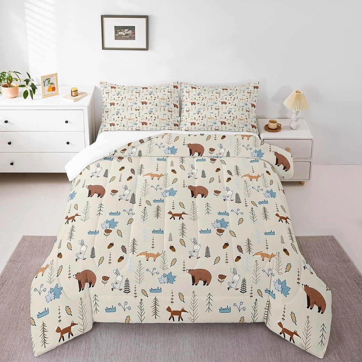 Homewish Kids Bear Fox Comforter Set Twin Size Cartoon Rabbit Pine Trees Bedding Set 2Pcs,Girls Boys Teens Jungle Adventure Hunt Animals Quilt Set Room Decor Rustic Beige Duvet Insert,1 Pillowcase