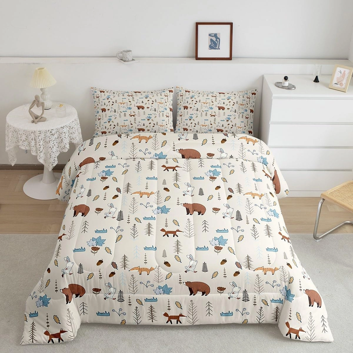 Homewish Kids Bear Fox Comforter Set Twin Size Cartoon Rabbit Pine Trees Bedding Set 2Pcs,Girls Boys Teens Jungle Adventure Hunt Animals Quilt Set Room Decor Rustic Beige Duvet Insert,1 Pillowcase