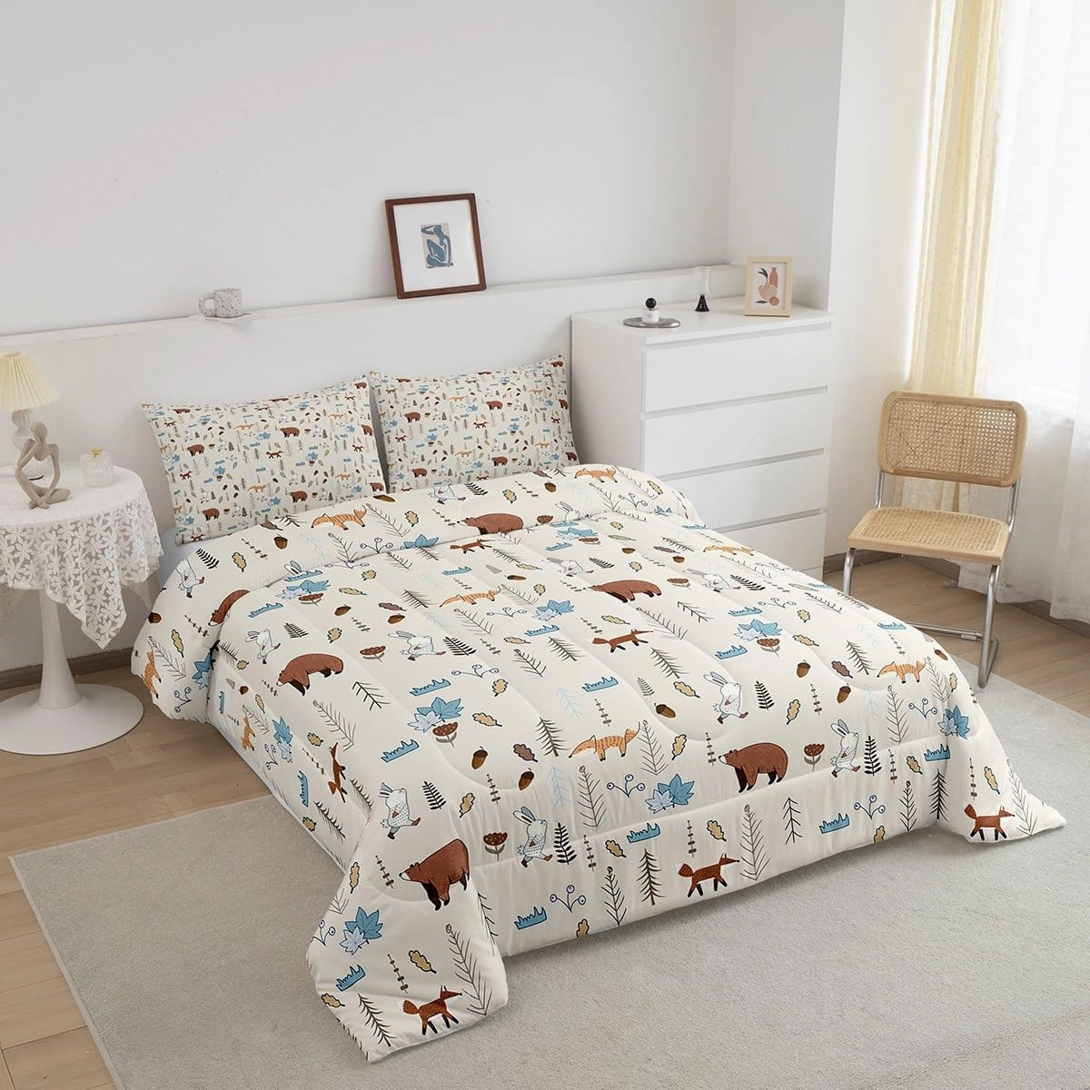 Homewish Kids Bear Fox Comforter Set Twin Size Cartoon Rabbit Pine Trees Bedding Set 2Pcs,Girls Boys Teens Jungle Adventure Hunt Animals Quilt Set Room Decor Rustic Beige Duvet Insert,1 Pillowcase