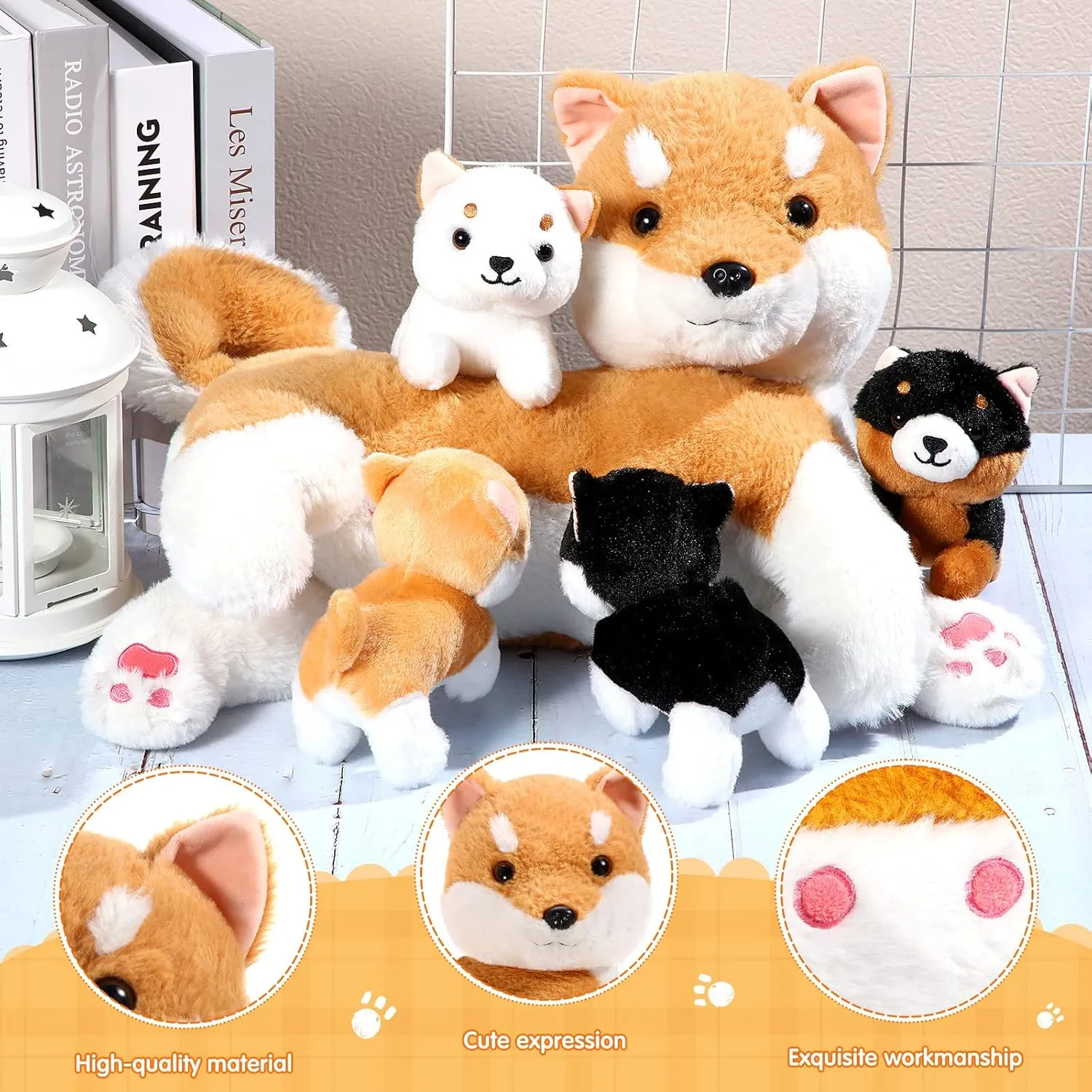 Honoson Nurturing Dog Mommy Plush Set with 4 Baby Puppies Soft Cute Dog Themed Stuffed Plush Toys for Kids Girls Boys Easter Birthday Gifts(Shiba Inu)