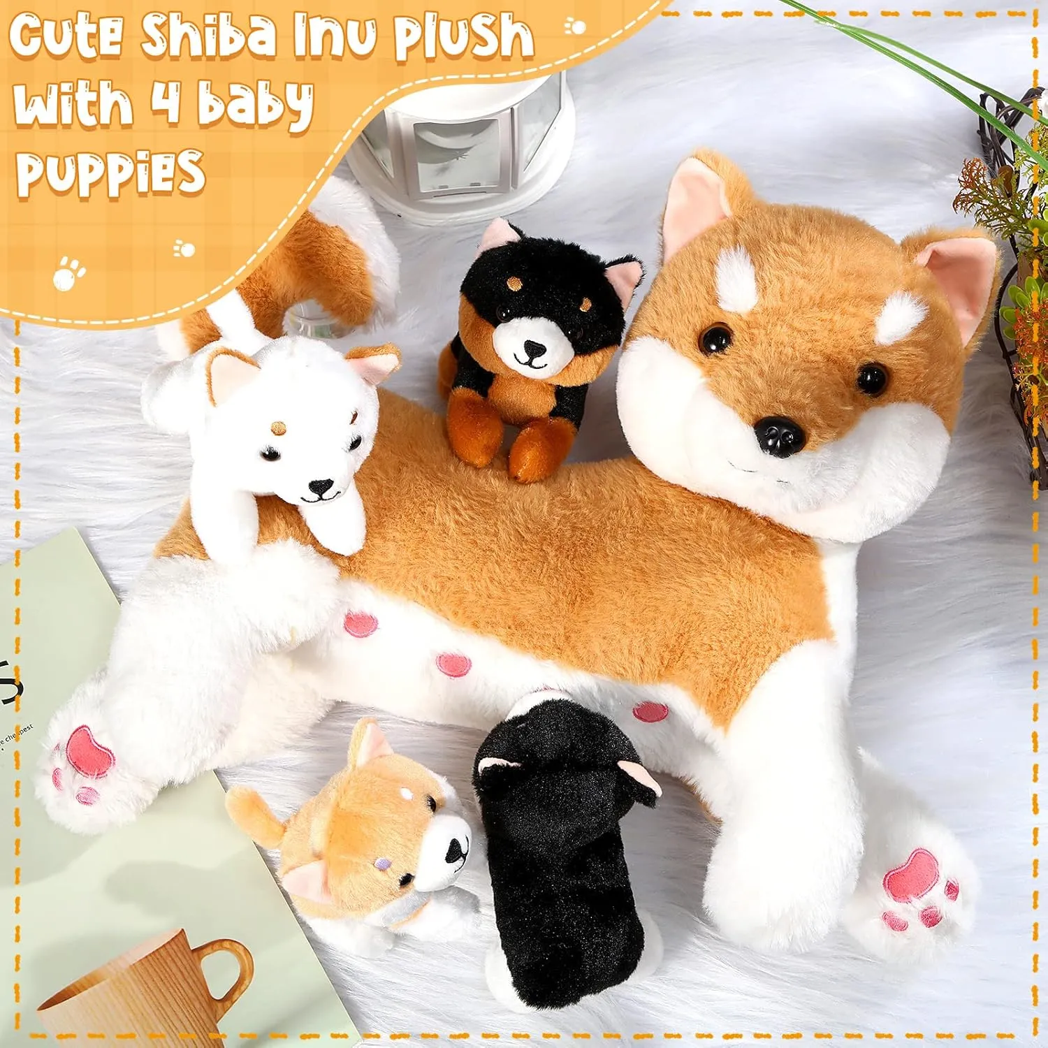 Honoson Nurturing Dog Mommy Plush Set with 4 Baby Puppies Soft Cute Dog Themed Stuffed Plush Toys for Kids Girls Boys Easter Birthday Gifts(Shiba Inu)