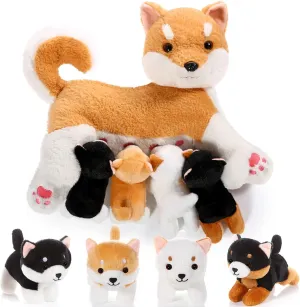 Honoson Nurturing Dog Mommy Plush Set with 4 Baby Puppies Soft Cute Dog Themed Stuffed Plush Toys for Kids Girls Boys Easter Birthday Gifts(Shiba Inu)