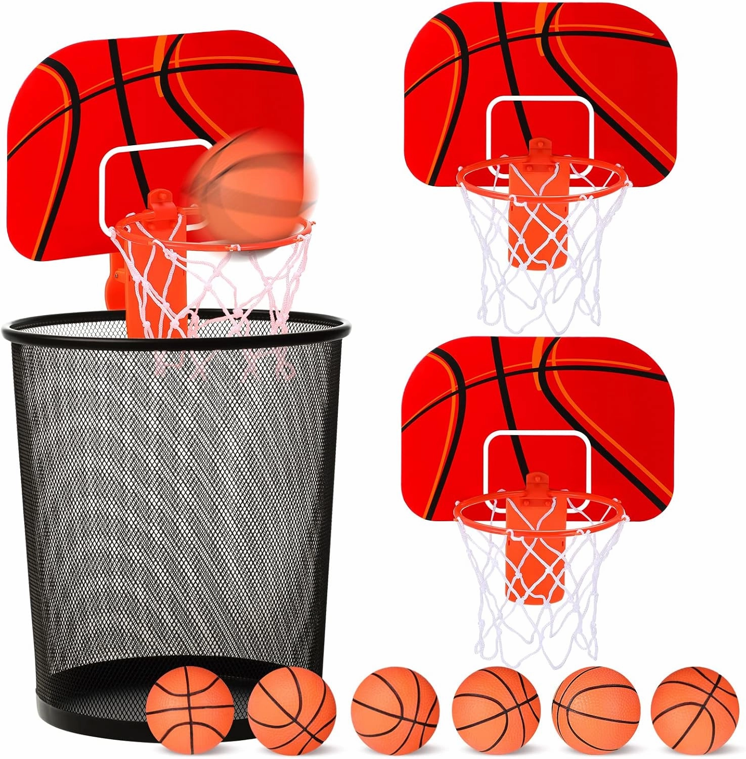 Honoson 3 Sets Indoor Trash Can Basketball Game Set Includes 3 Mini Clip on Basketball Hoop with Backboard 6 Inflatable Ball 3 Pump Kid Adult Office Decompression Toy Gift
