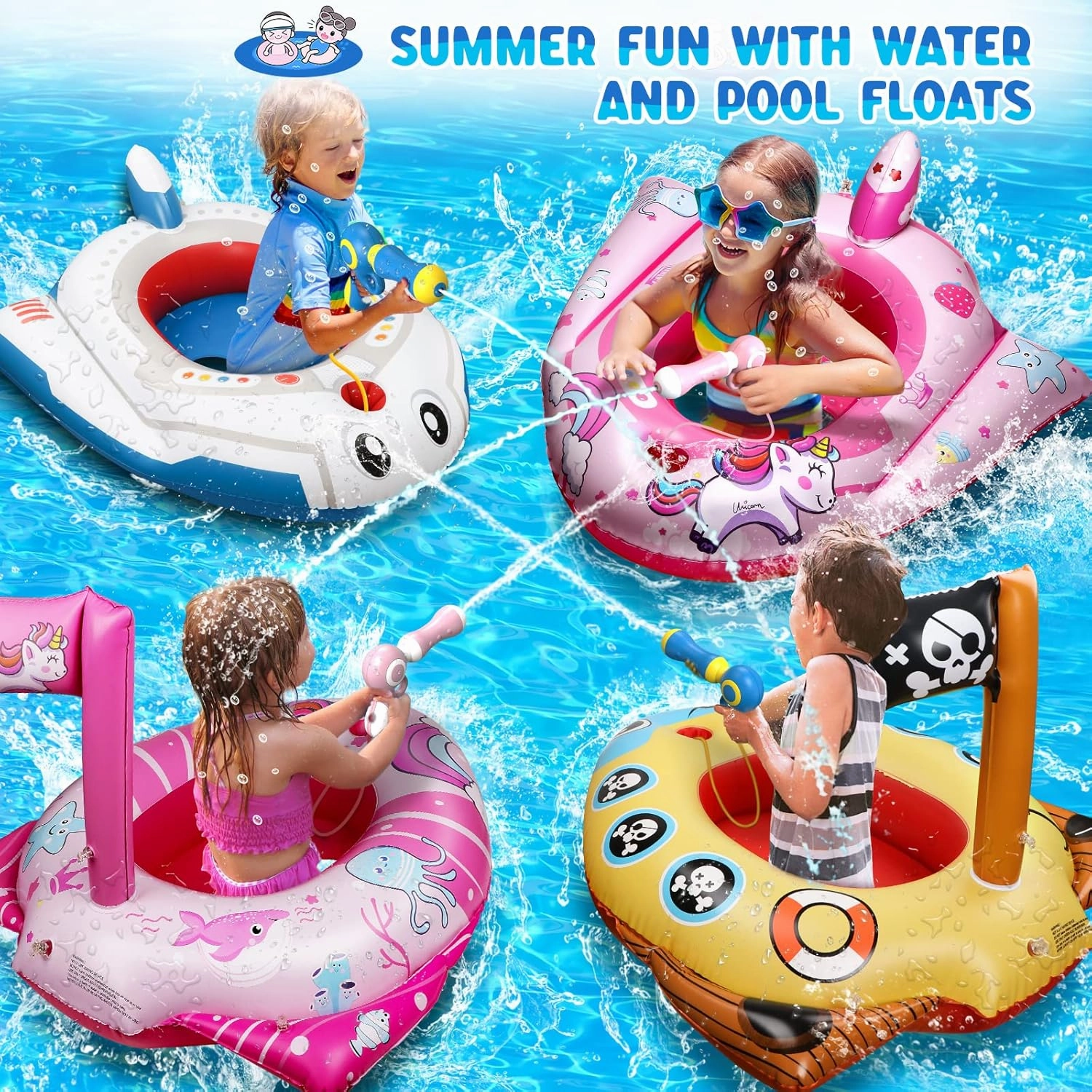 HopeRock Unicorn Pool Floats for Toddlers and Kids, with Water Gun, Pool Toys for 3-8 Years Old Girls, Inflatable Swimming Pool Toys