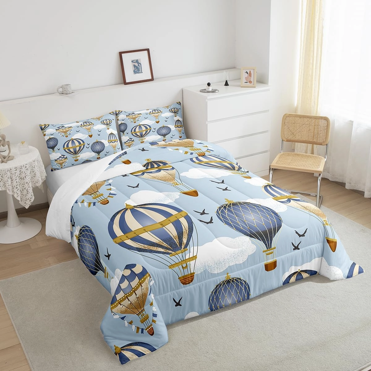 Hot Air Balloon Comforter Set Queen Size,Sky Bird Bedding Sets 3pcs for Kids Boys Girls Teens Room Cover,Adventure Games Themed Duvet Insert Sets Romantic Blue Quilted Duvet Set with 2 Pillowcases