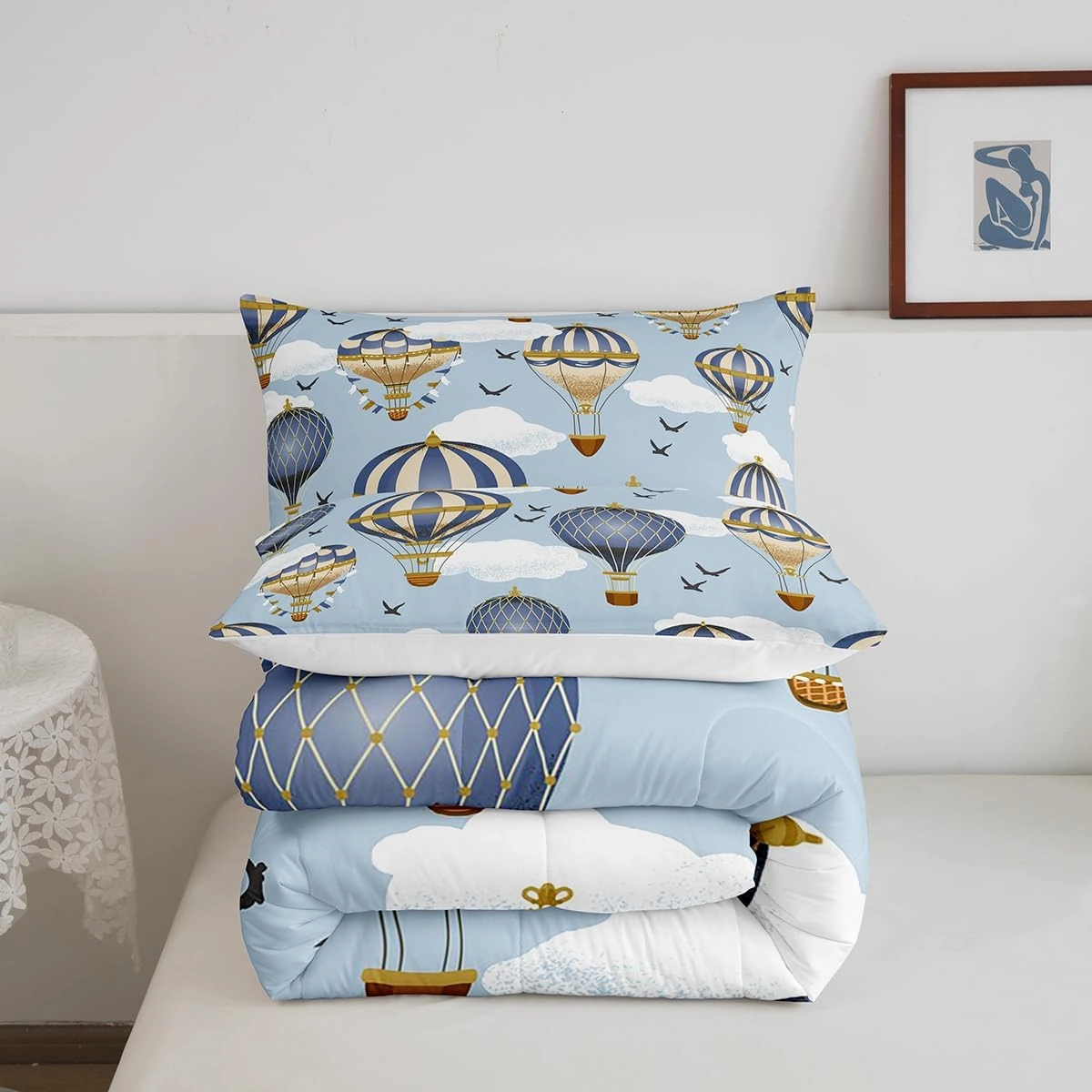 Hot Air Balloon Comforter Set Queen Size,Sky Bird Bedding Sets 3pcs for Kids Boys Girls Teens Room Cover,Adventure Games Themed Duvet Insert Sets Romantic Blue Quilted Duvet Set with 2 Pillowcases