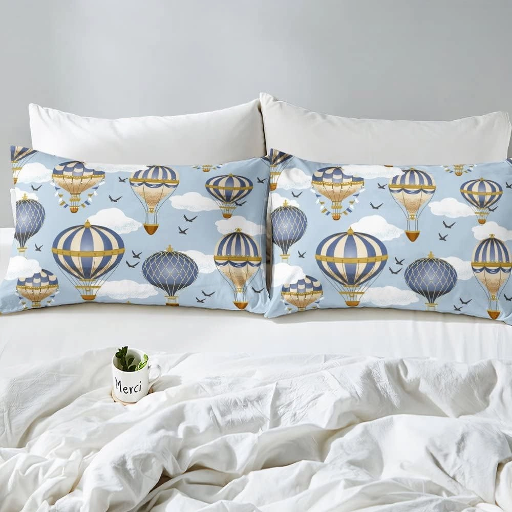 Hot Air Balloon Comforter Set Queen Size,Sky Bird Bedding Sets 3pcs for Kids Boys Girls Teens Room Cover,Adventure Games Themed Duvet Insert Sets Romantic Blue Quilted Duvet Set with 2 Pillowcases