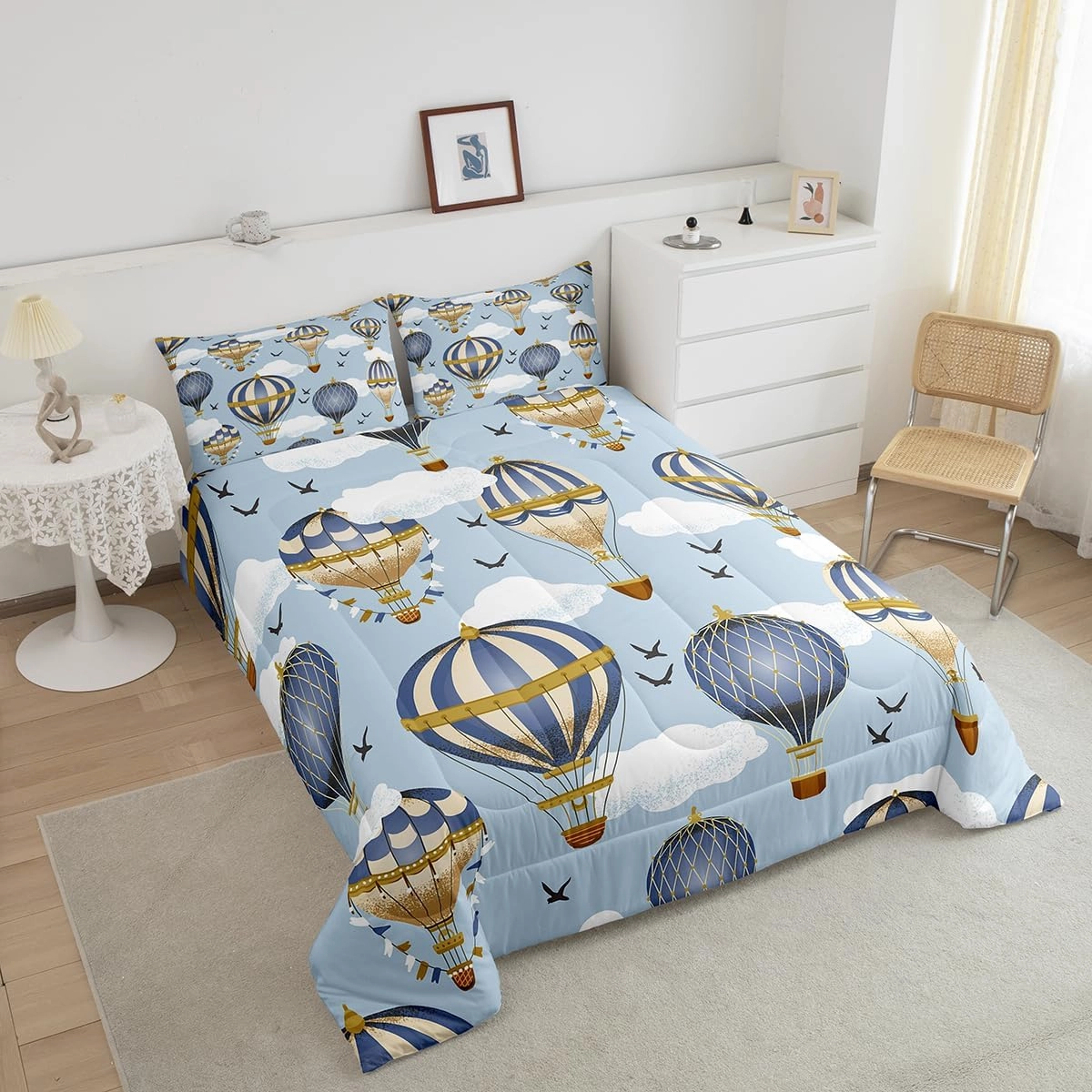 Hot Air Balloon Comforter Set Queen Size,Sky Bird Bedding Sets 3pcs for Kids Boys Girls Teens Room Cover,Adventure Games Themed Duvet Insert Sets Romantic Blue Quilted Duvet Set with 2 Pillowcases