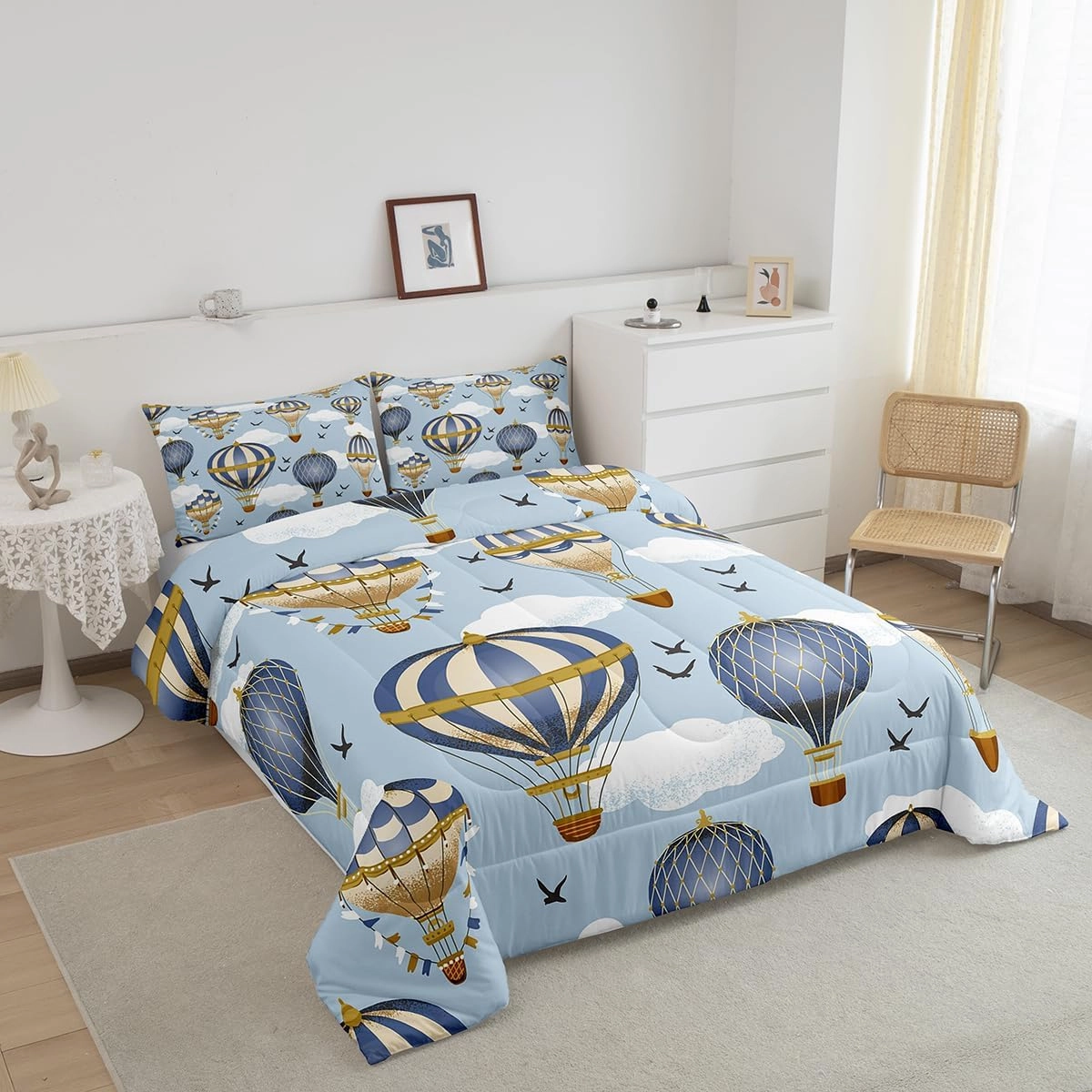 Hot Air Balloon Comforter Set Queen Size,Sky Bird Bedding Sets 3pcs for Kids Boys Girls Teens Room Cover,Adventure Games Themed Duvet Insert Sets Romantic Blue Quilted Duvet Set with 2 Pillowcases