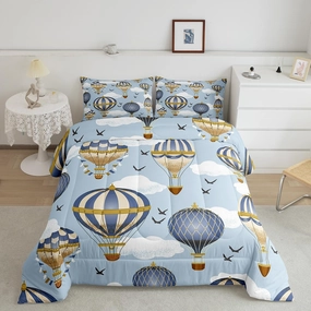 Hot Air Balloon Comforter Set Queen Size,Sky Bird Bedding Sets 3pcs for Kids Boys Girls Teens Room Cover,Adventure Games Themed Duvet Insert Sets Romantic Blue Quilted Duvet Set with 2 Pillowcases