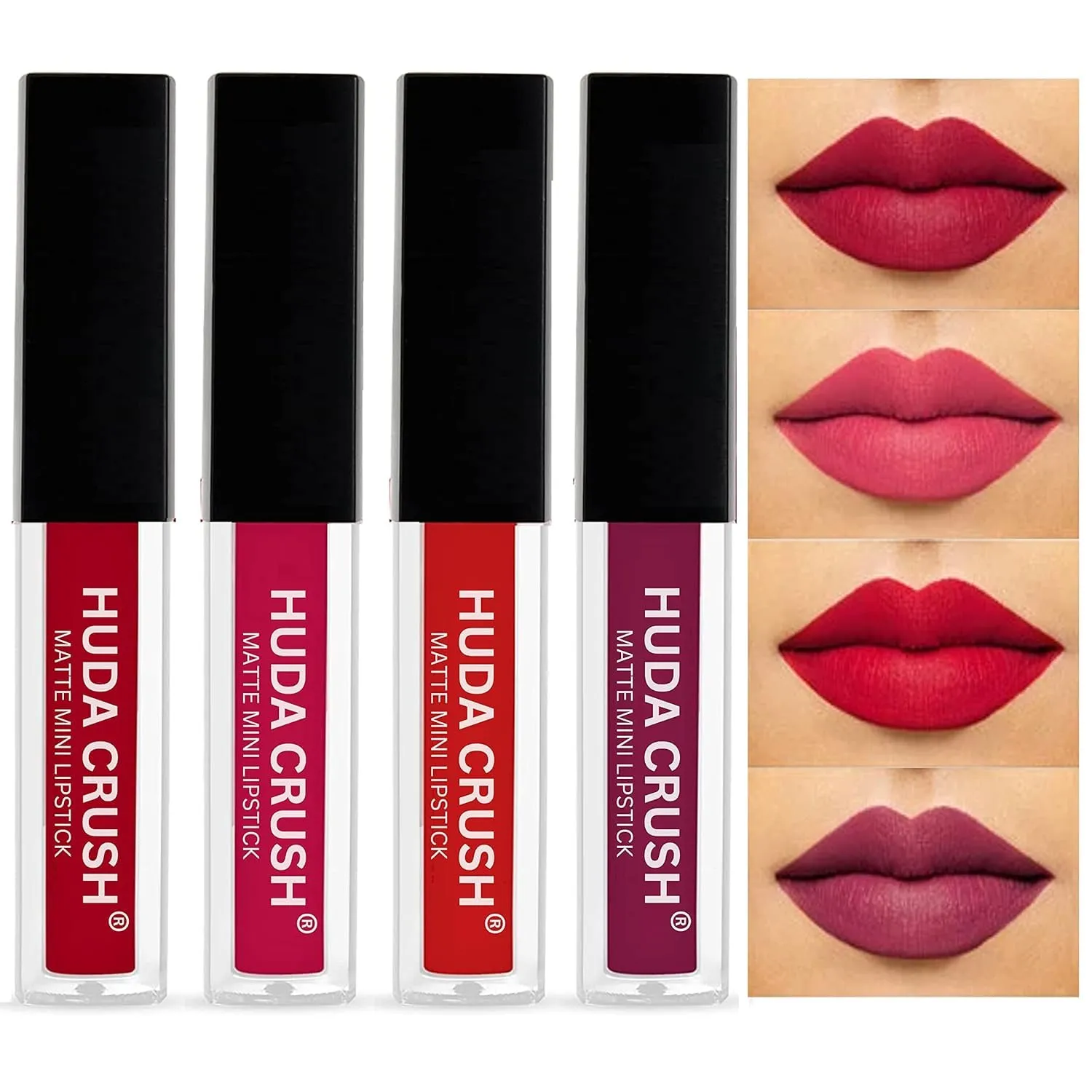 HUDA.CRUSH Beauty Set of 4 Liquid Matte Mini Lipstick - Long Lasting & Waterproof Lipstick Combo Pack Of Red, Deep Red, Wine & Pink Shades for Women and Girls