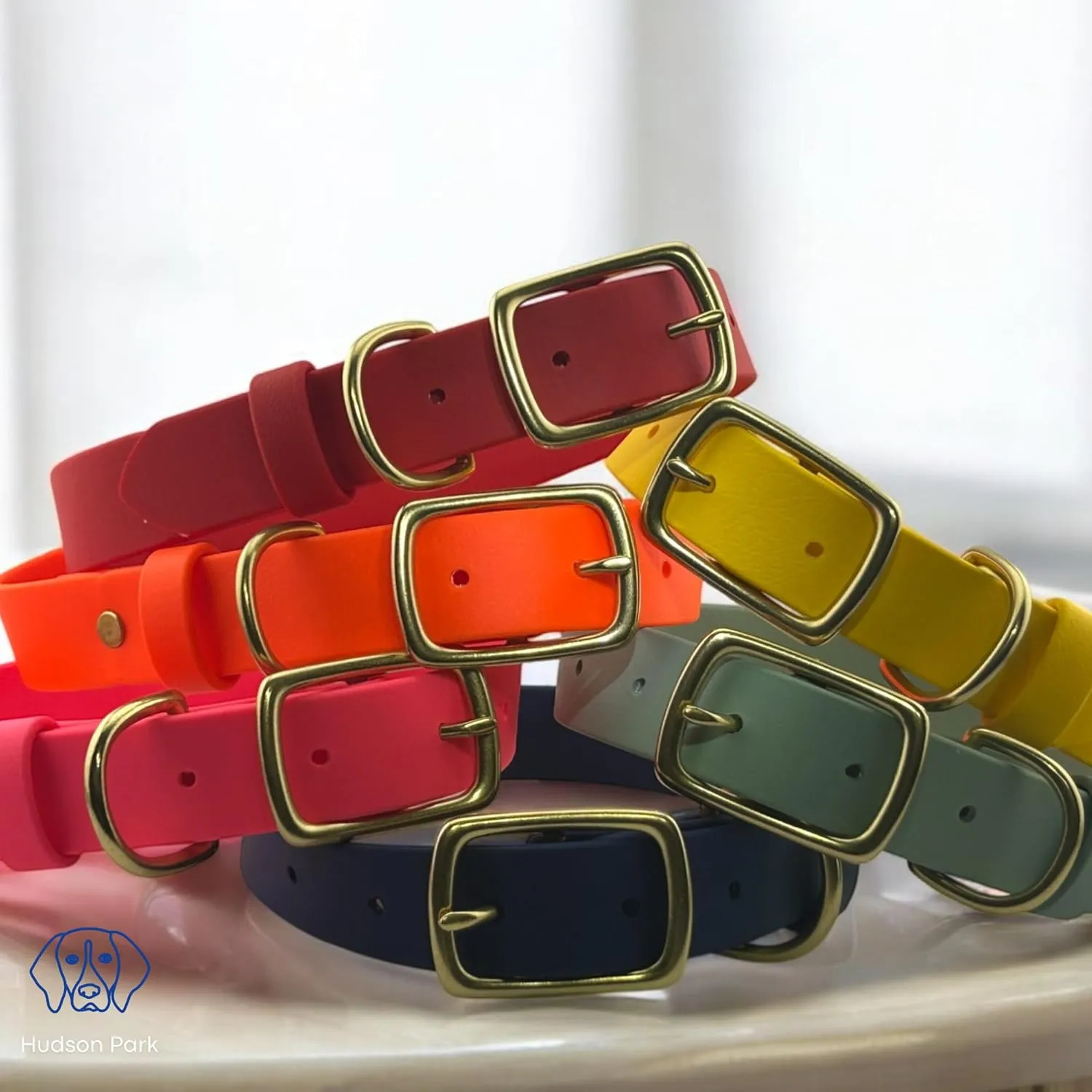 Hudson Park Dog Collar – Waterproof, BioThane Webbing, Leather-Like Feel, Adjustable, Easy-to-Clean, Odor-Resistant, Solid Brass, Multiple Colors and Sizes, Made in USA (Red, Medium)