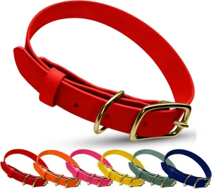 Hudson Park Dog Collar – Waterproof, BioThane Webbing, Leather-Like Feel, Adjustable, Easy-to-Clean, Odor-Resistant, Solid Brass, Multiple Colors and Sizes, Made in USA (Red, Medium)
