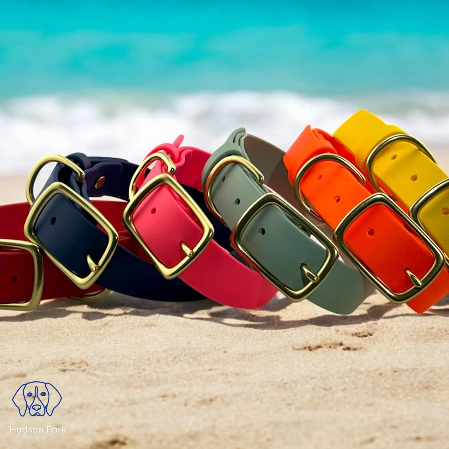 Hudson Park Dog Collar – Waterproof, BioThane Webbing, Leather-Like Feel, Adjustable, Easy-to-Clean, Odor-Resistant, Solid Brass, Multiple Colors and Sizes, Made in USA (Red, Medium)