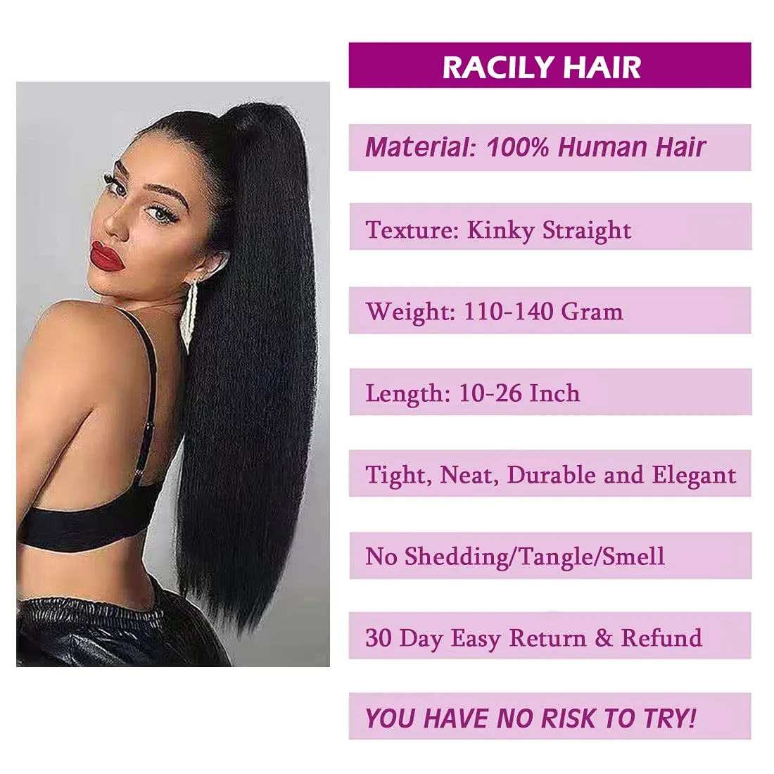 Human Hair Ponytail Extension for Black Women Drawstring Kinky Straight 14Inch Natrual Black Clip in Wig Afro 10A Grade Brazilian Yaki Straight Hair Pieces 110g/set (14")
