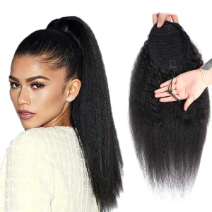 Human Hair Ponytail Extension for Black Women Drawstring Kinky Straight 14Inch Natrual Black Clip in Wig Afro 10A Grade Brazilian Yaki Straight Hair Pieces 110g/set (14")