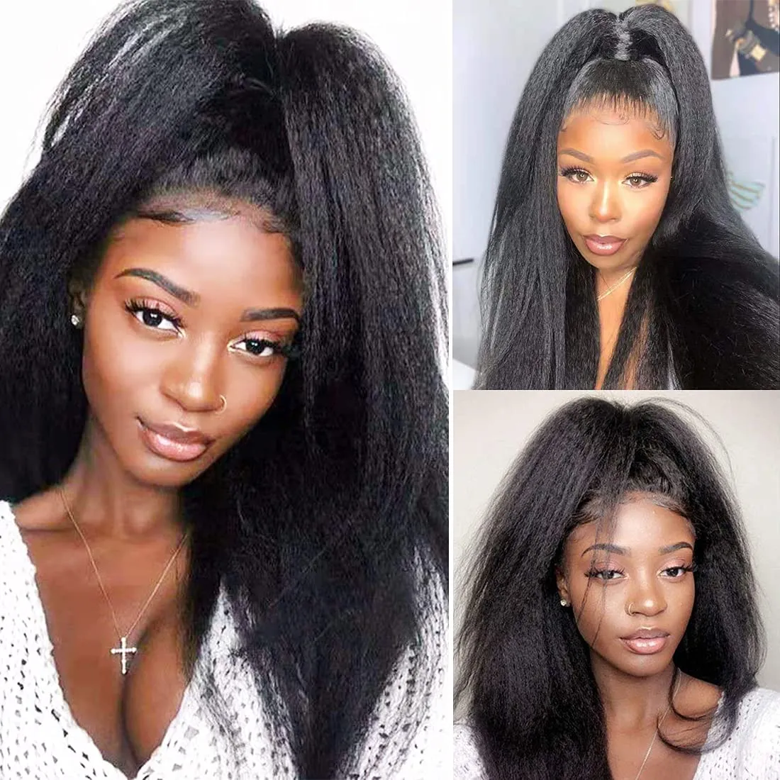 Human Hair Ponytail Extension for Black Women Drawstring Kinky Straight 14Inch Natrual Black Clip in Wig Afro 10A Grade Brazilian Yaki Straight Hair Pieces 110g/set (14")