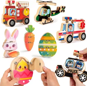 HUZU 3D Wooden Puzzle Toy Set, Emergency Vehicles & Easter Snap Builders, Montessori STEM Educational Building Blocks for Kids 3-8, Fine Motor Skill Development, for Boys & Girls