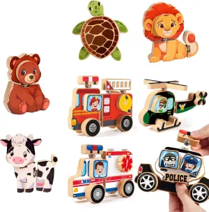 HUZU Animal & Emergency Vehicles Snap Wooden Building Blocks Set – Fun & Educational Puzzle Toys for Kids Aged 3-8, Includes Cow, Bear, Lion, Turtle, Fire Truck, Ambulance, Police Car, Helicopter