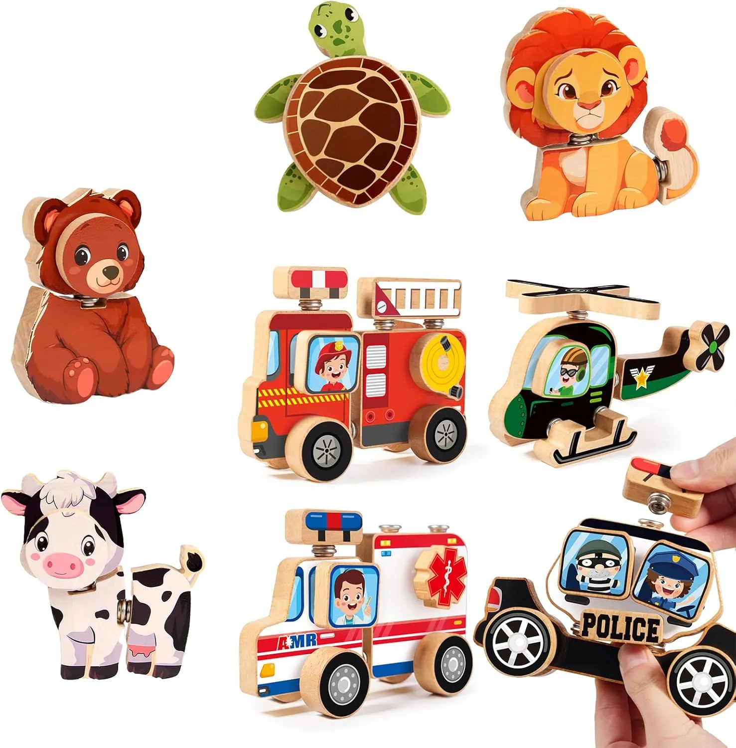 HUZU Animal & Emergency Vehicles Snap Wooden Building Blocks Set – Fun & Educational Puzzle Toys for Kids Aged 3-8, Includes Cow, Bear, Lion, Turtle, Fire Truck, Ambulance, Police Car, Helicopter