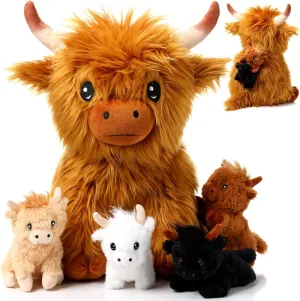 HyDren 5 Pcs Highland Cows Stuffed Animal 13.78 Inch Mommy Highland Cow Plush with 4 Little Babies Soft Plush Toy Set for Boys and Girls Birthday Party Favors(Sitting Style)