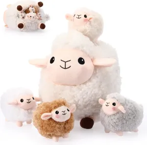 HyDren 5 Pcs Lamb Stuffed Animal Set 12 Inch Mommy Lamb Plush with 4 Cute Little Sheep Stuffed Animal Soft Sheep Plush Set for Party Gifts Girls Boys Baby Shower Decor Birthday Farm Theme