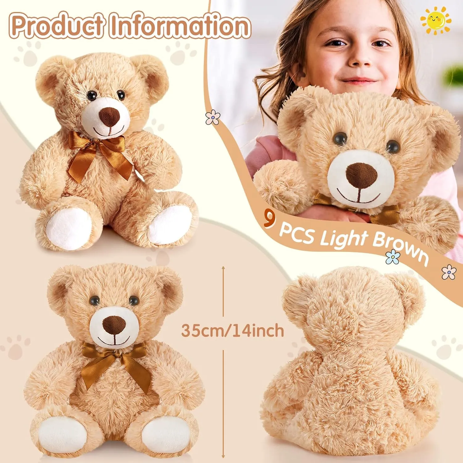 HyDren 9 Pcs 14 Inch Stuffed Animals Bears Bulk Soft Animal Plush Toys Bears Cute Dolls Gift for Valentine Wedding Mom Christmas Baby Shower Birthday Gift Home Decor(Light Brown)