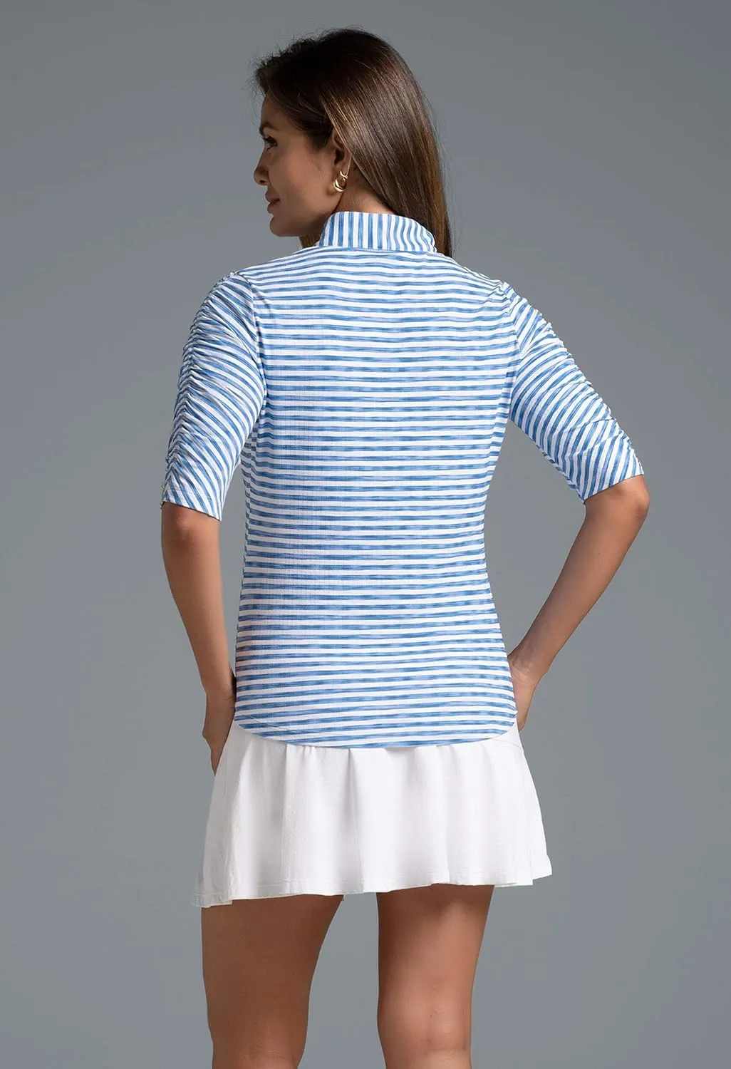 IBKUL Athleisure Wear Sun Protective UPF 50  Icefil Cooling Tech Landon Stripe II Print Ruched Elbow Sleeve Top - 41164