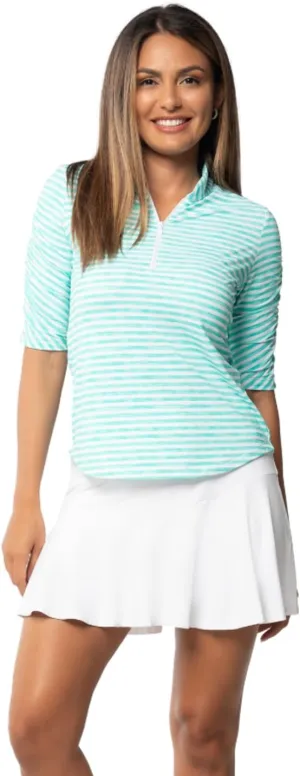 IBKUL Athleisure Wear Sun Protective UPF 50  Icefil Cooling Tech Landon Stripe II Print Ruched Elbow Sleeve Top - 41164