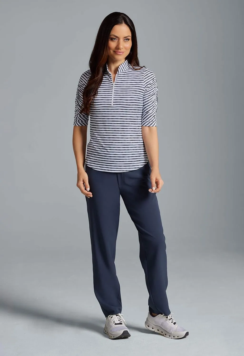 IBKUL Athleisure Wear Sun Protective UPF 50  Icefil Cooling Tech Landon Stripe II Print Ruched Elbow Sleeve Top - 41164