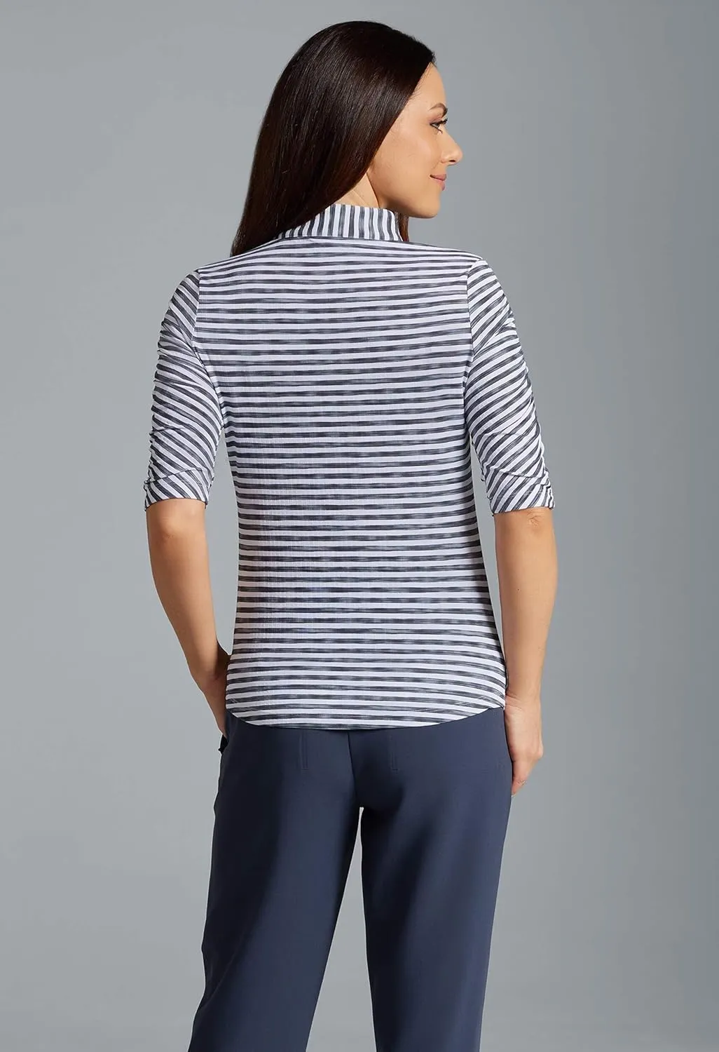 IBKUL Athleisure Wear Sun Protective UPF 50  Icefil Cooling Tech Landon Stripe II Print Ruched Elbow Sleeve Top - 41164