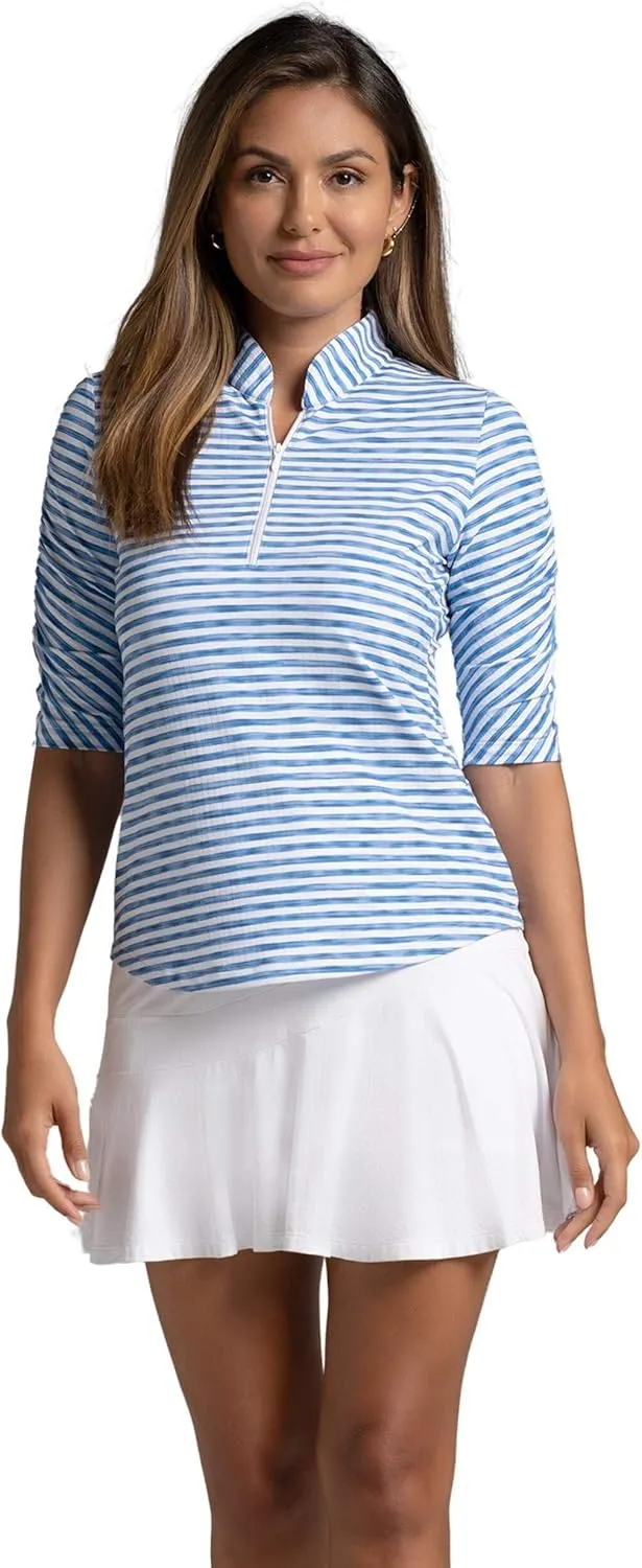 IBKUL Athleisure Wear Sun Protective UPF 50  Icefil Cooling Tech Landon Stripe II Print Ruched Elbow Sleeve Top - 41164