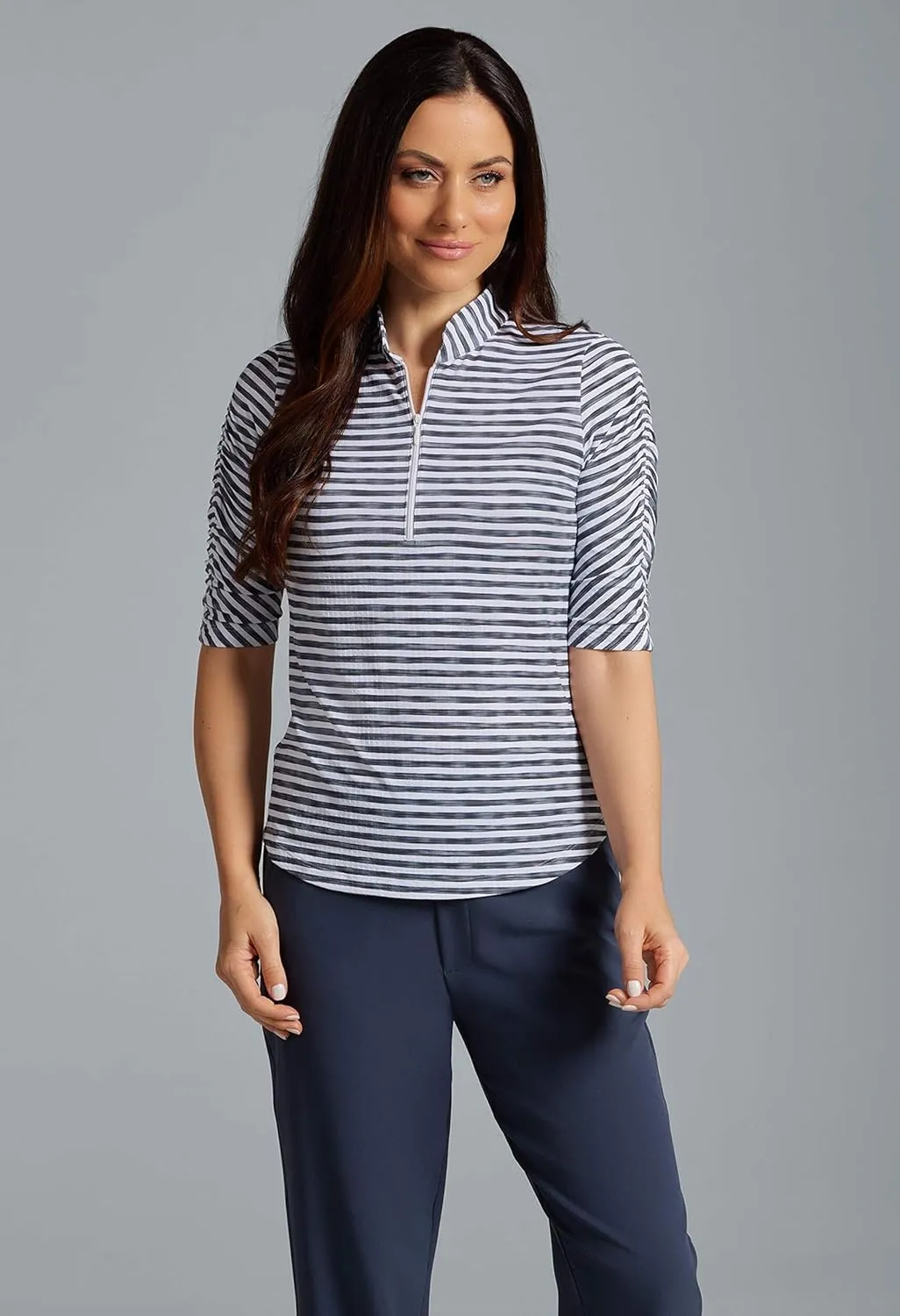 IBKUL Athleisure Wear Sun Protective UPF 50  Icefil Cooling Tech Landon Stripe II Print Ruched Elbow Sleeve Top - 41164