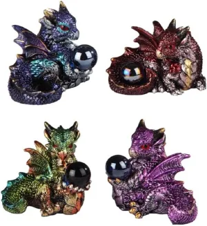 ICE ARMOR 4-Piece Mini Dragon with Gem Set 2.25" H Blue, Purple, Red, Green Dragon Baby Statue Fantasy Decoration Figurine Set