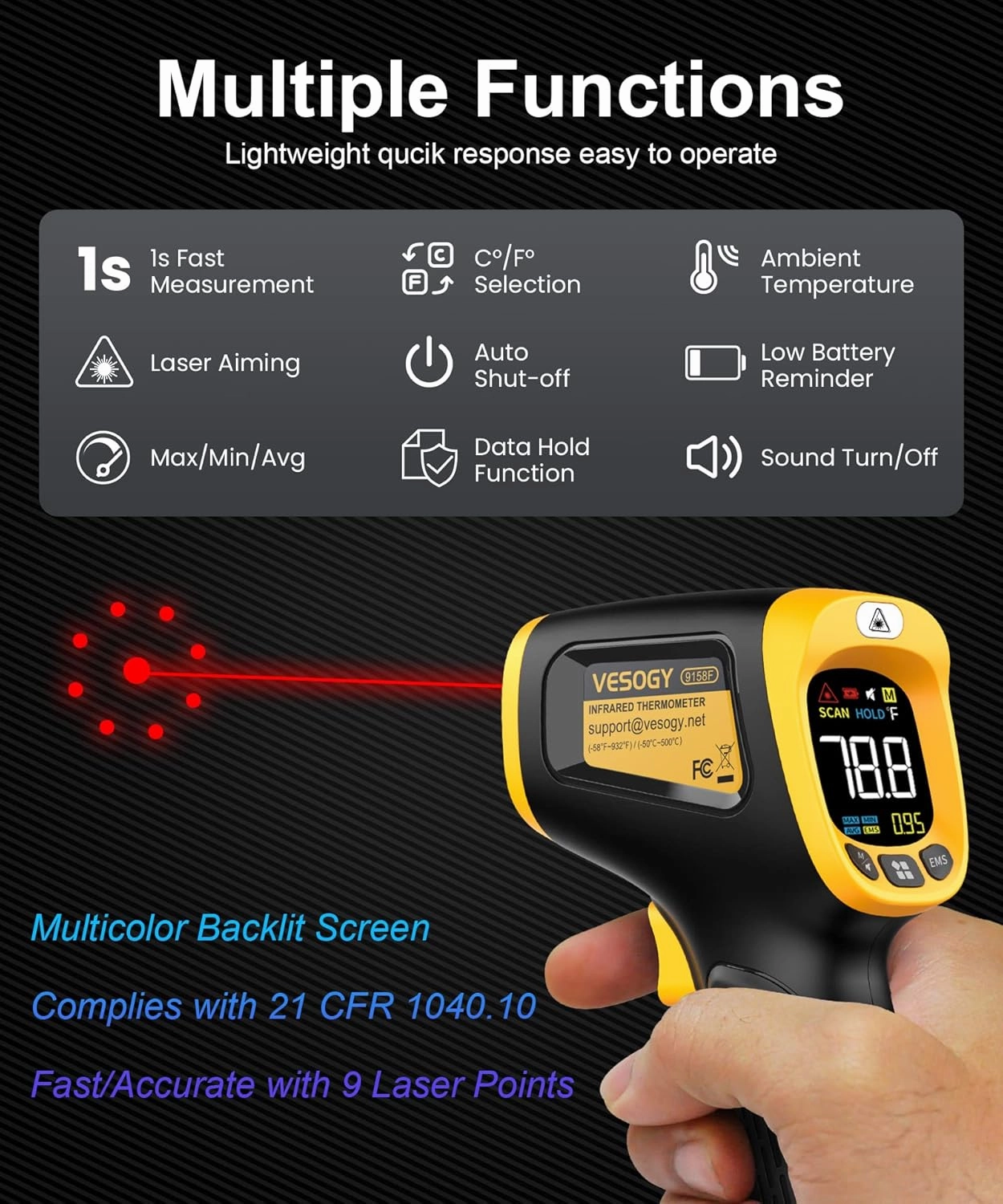 Infrared Thermometer Temperature Gun -58°F ~932°F, Digital Laser Thermometer Gun for Cooking, Pizza Oven, Grill & Engine, IR Thermometer Temp Gun with Adjustable Emissivity & Max-Min Measure
