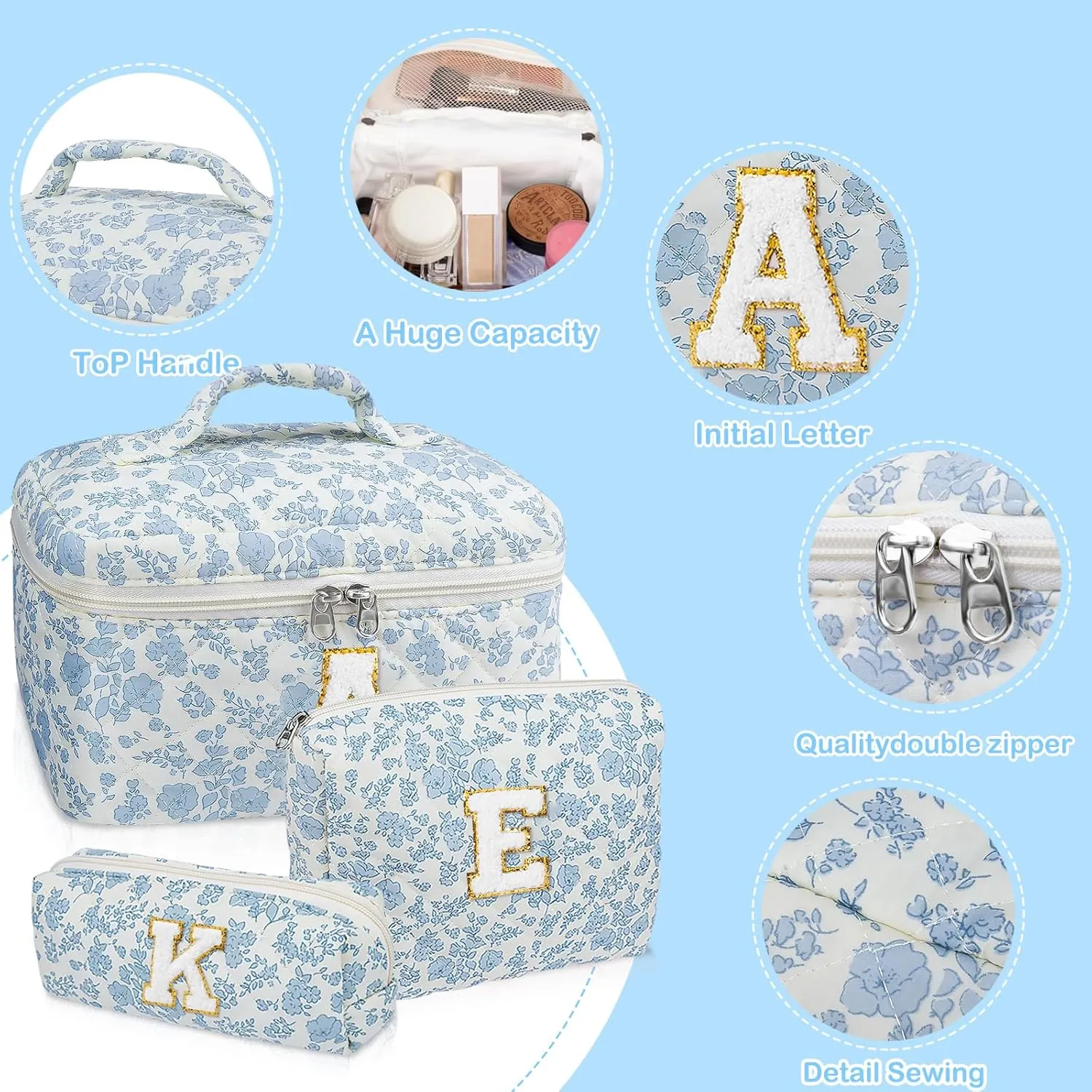 Initial Makeup Bag Set, Personalized Quilted Makeup Bag, Large Floral Cosmetic Bag for Women, Cute Cotton Custom Make up Bags, Flower Travel Toiletry Bag Teen Girl Gift Blue Flower M
