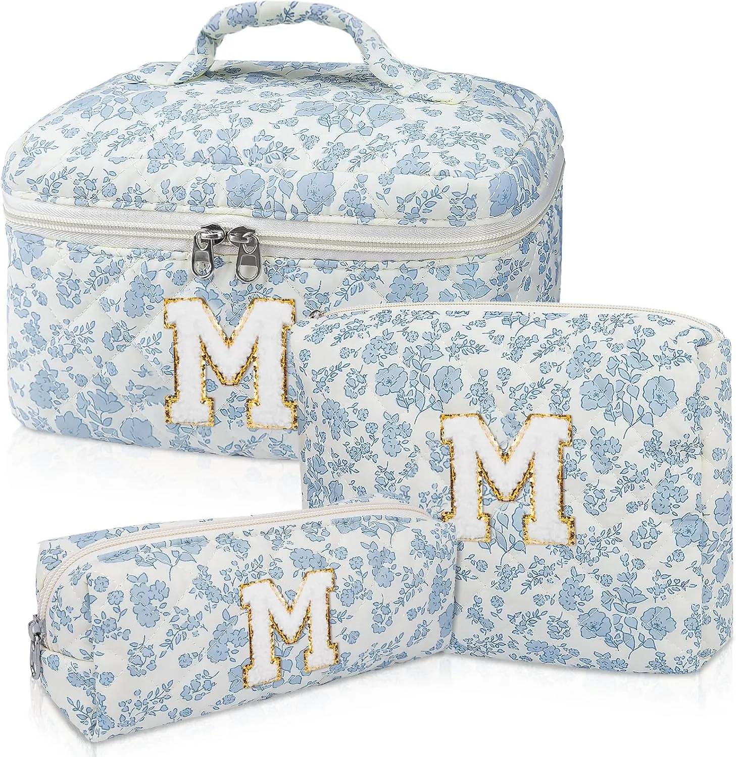 Initial Makeup Bag Set, Personalized Quilted Makeup Bag, Large Floral Cosmetic Bag for Women, Cute Cotton Custom Make up Bags, Flower Travel Toiletry Bag Teen Girl Gift Blue Flower M