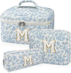 Initial Makeup Bag Set, Personalized Quilted Makeup Bag, Large Floral Cosmetic Bag for Women, Cute Cotton Custom Make up Bags, Flower Travel Toiletry Bag Teen Girl Gift Blue Flower M