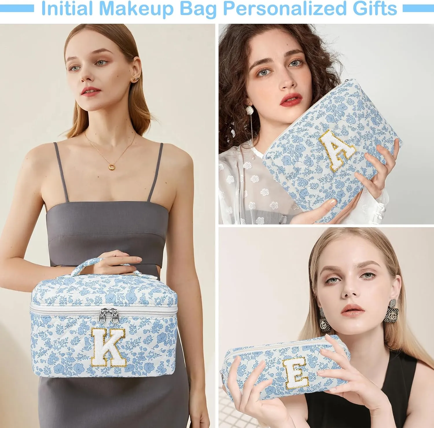 Initial Makeup Bag Set, Personalized Quilted Makeup Bag, Large Floral Cosmetic Bag for Women, Cute Cotton Custom Make up Bags, Flower Travel Toiletry Bag Teen Girl Gift Blue Flower M